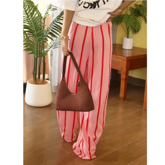 Pink Wide Trousers with Red Stripes Elastic Waist Flowy and Light - Picture 8 of 17